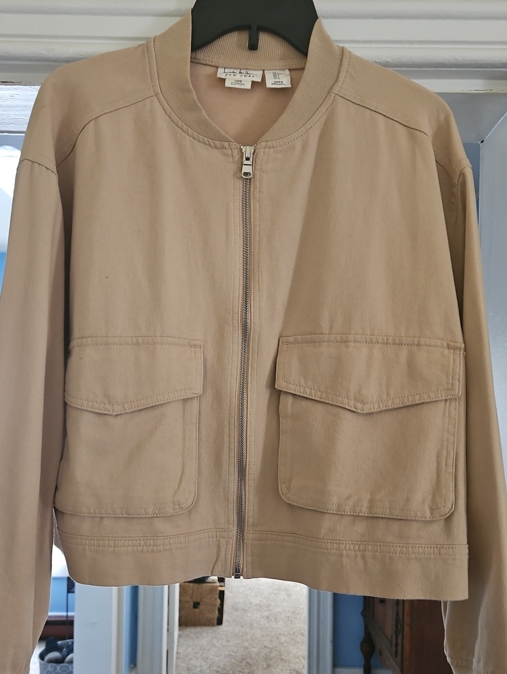 Nicole Miller Beige Bomber Jacket with Front Flap Pockets